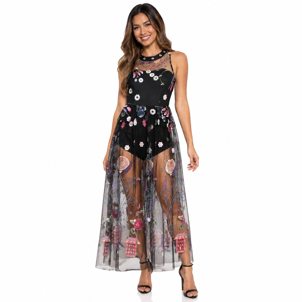 L'Atiste Womens Dress Medium Black Floral Embroidered Cocktail Party Whimsigoth
